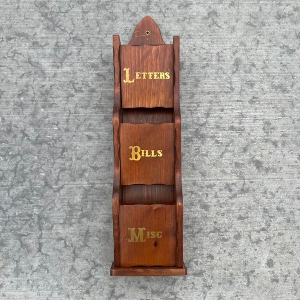 Vintage Wooden Wall Mount Mail Organizer 3 Tier Letter Bills Misc Sorter Rustic
